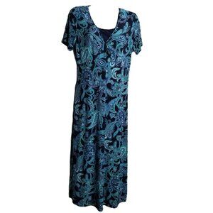 Croft & Barrow Paisley Midi Dress Small Navy Teal Bohemian Stretch Casual